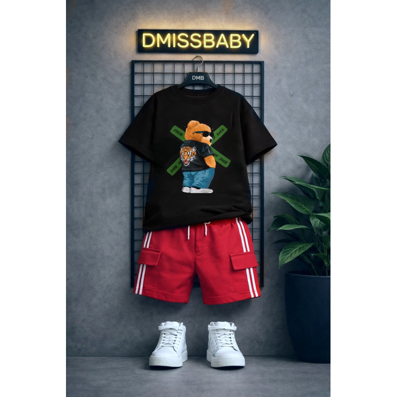 Conjunto Infantil Menino Juvenil Blogueirinho Estiloso do 2 ao 12 anos | BERMUDA David verm+camisa preta x VERDE