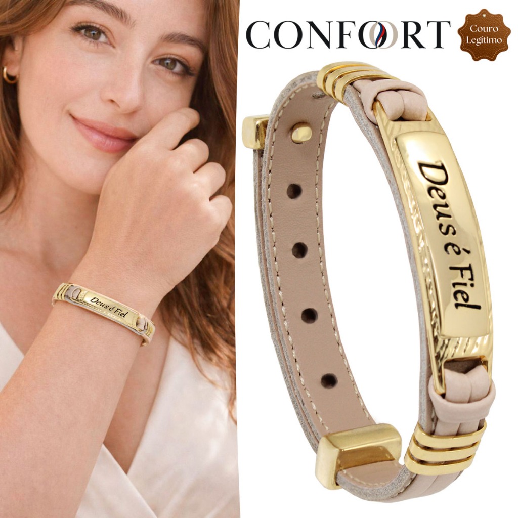 Pulseira Feminina Semijoia em Couro Deus é Fiel e Nossa Senhora Proteção Oração Terço Cruz - MODELOS