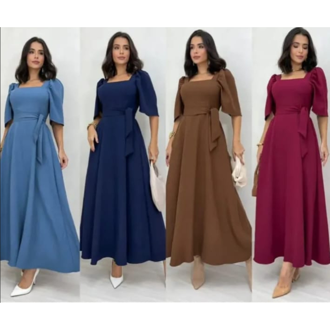 Vestido Midi Tecido Duna Linho com Manga Curta com Cinto