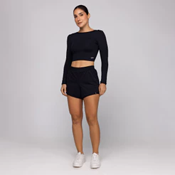 Conjunto Fitness Feminino Top Manga Comprida Costas Aberta e Short Soltinho para Corrida Academia