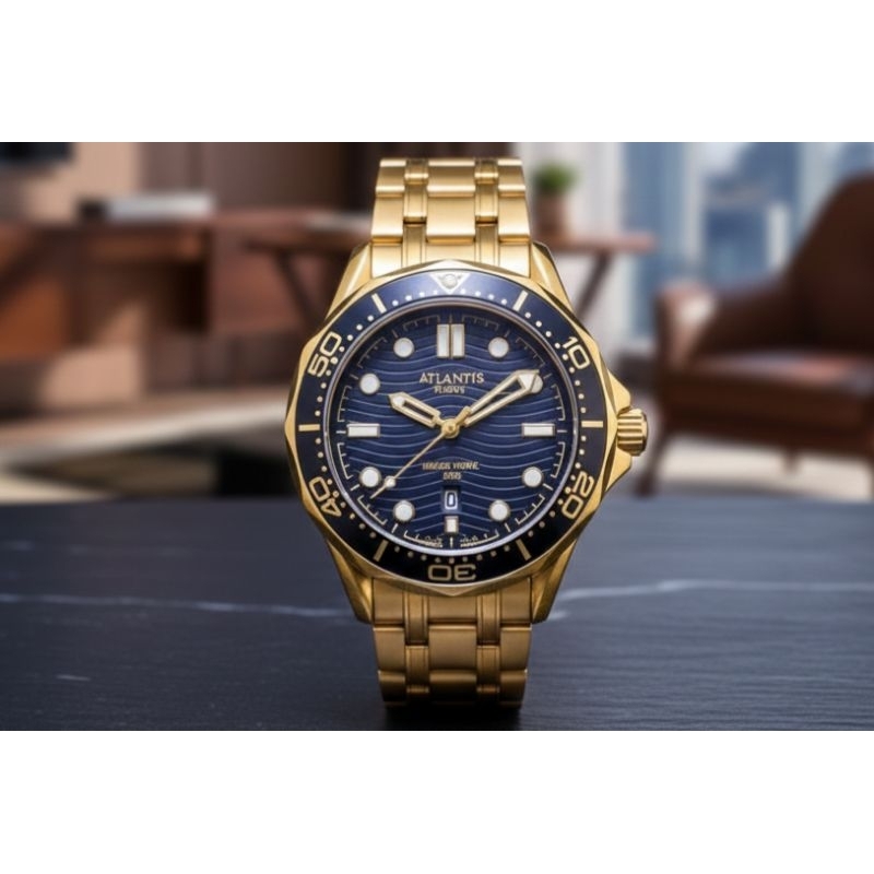 Relógio Masculino Atlantis Dourado Analógico Resistente + Caixa Com Data E Catraca Giratória
