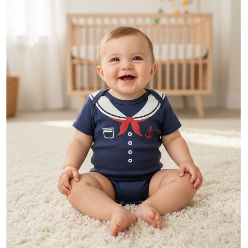 Body Bebê Marinheiro Manga Curta Algodão Temático Infantil Roupa Bebê Mêsversário Menino