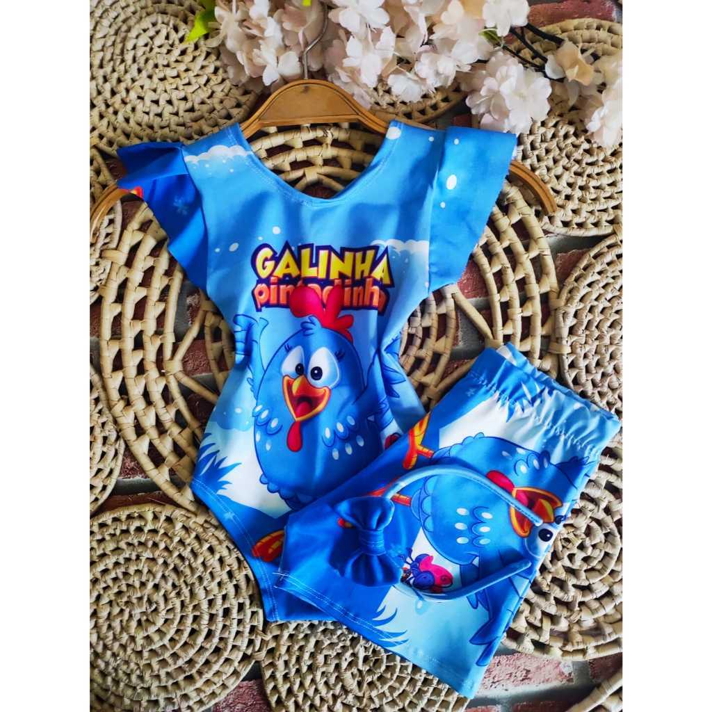 Conjunto Bodys Menina Infantil Temático Galinha Pintadinha Azul + Short