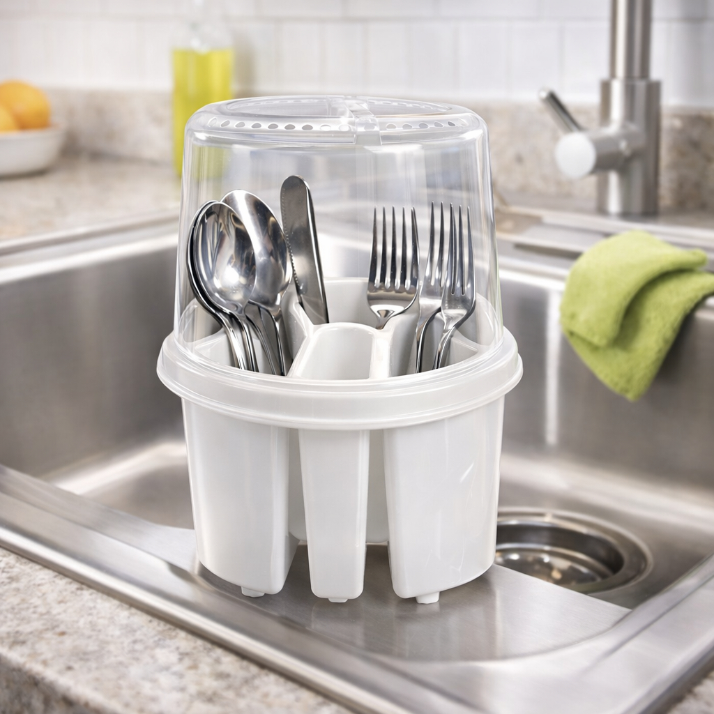 Escorredor e Porta Talheres com Tampa Incolor 4 Divisórias BPA Free: Organização e Higiene em Oferta na Shopee