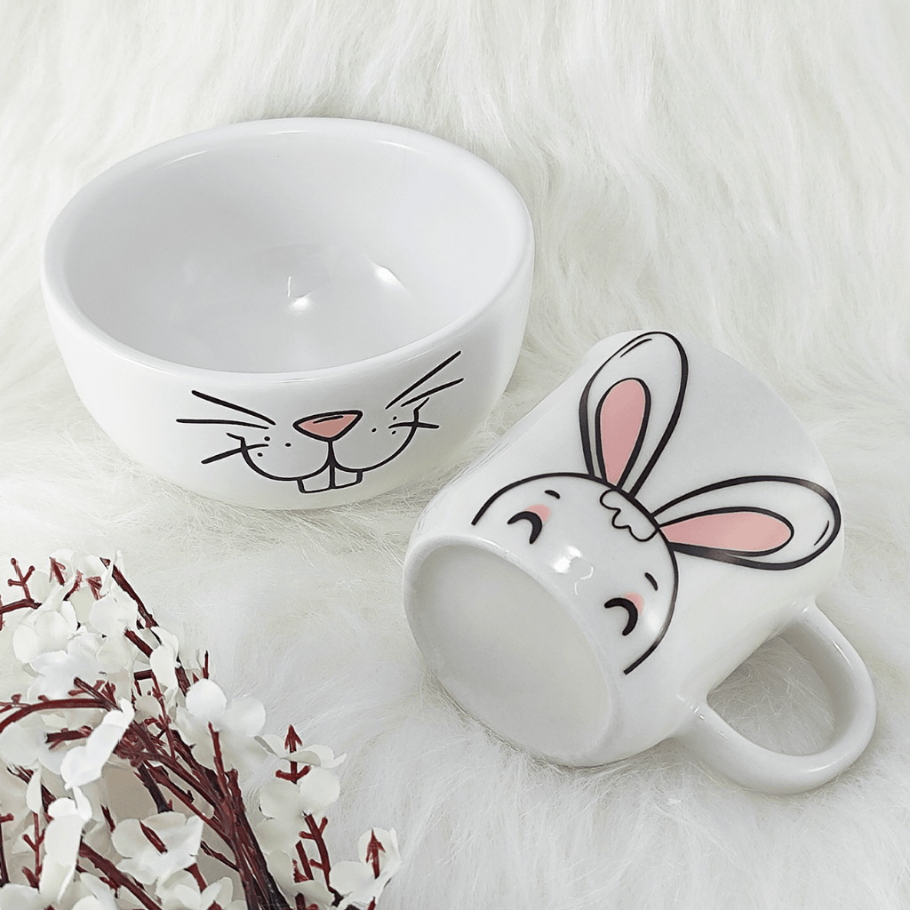 Kit Cumbuca Bowl Tigela  Porcelana 450ml + 1 Caneca Ágata de 200ml Feliz Páscoa