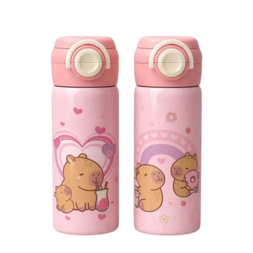 Garrafa Térmica Infantil Inox 480ml Capivara Com Alça Escola Com Bico e Canudo