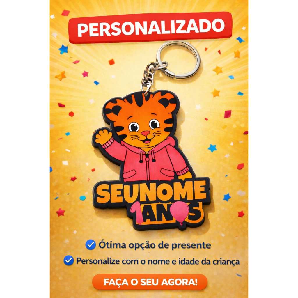 kit 10 Chaveiro Infantil Personalizado Daniel Tigre com Nome e Idade – Lembrancinha de Aniversário