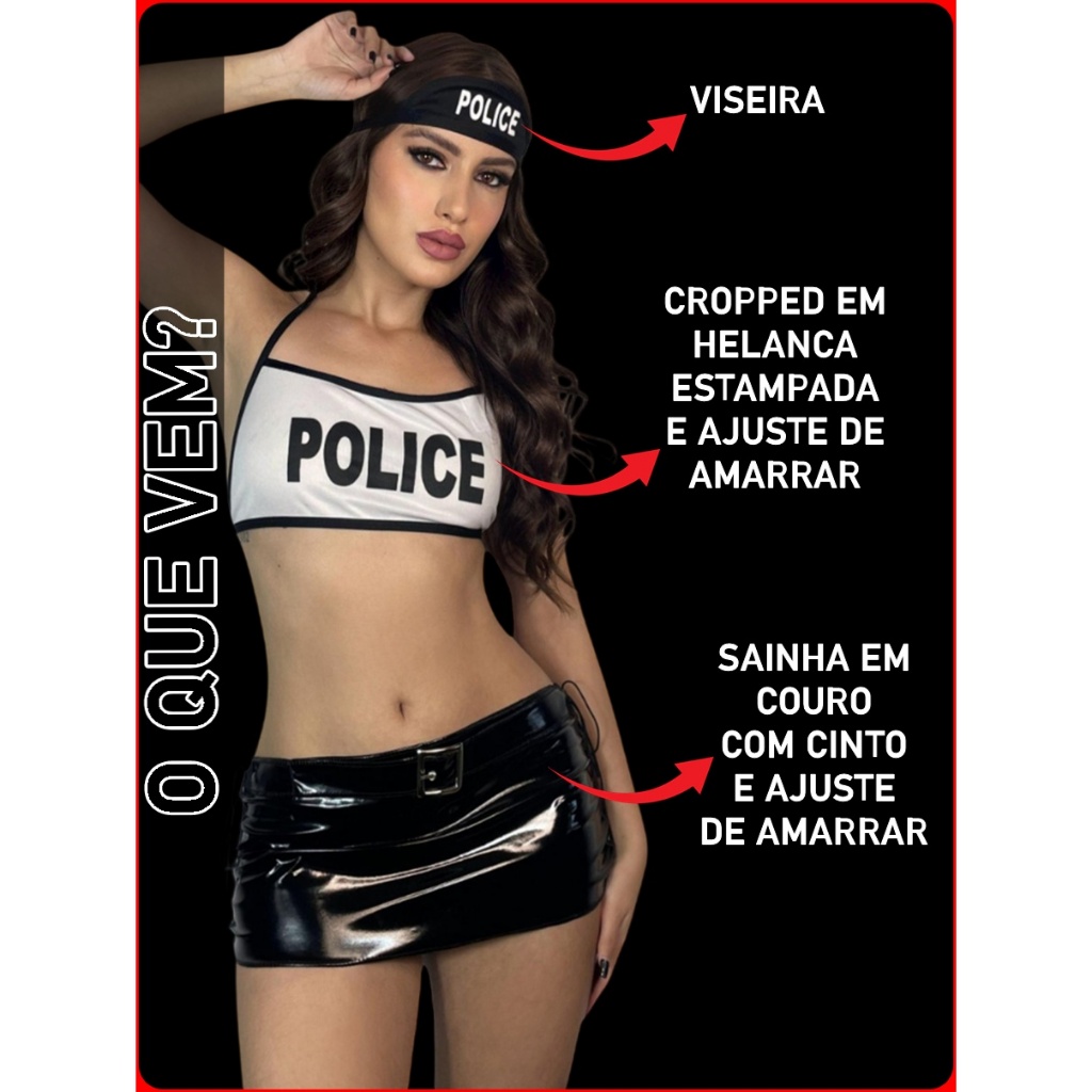 Fantasia Policial Com Sainha de Couro e Viseira em Oferta na Shopee