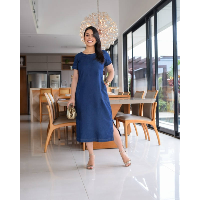 Detalhes do Vestido Feminino jeans Midi de Manga Soltinho Vestido Evangélico Confortável e Fresquinho