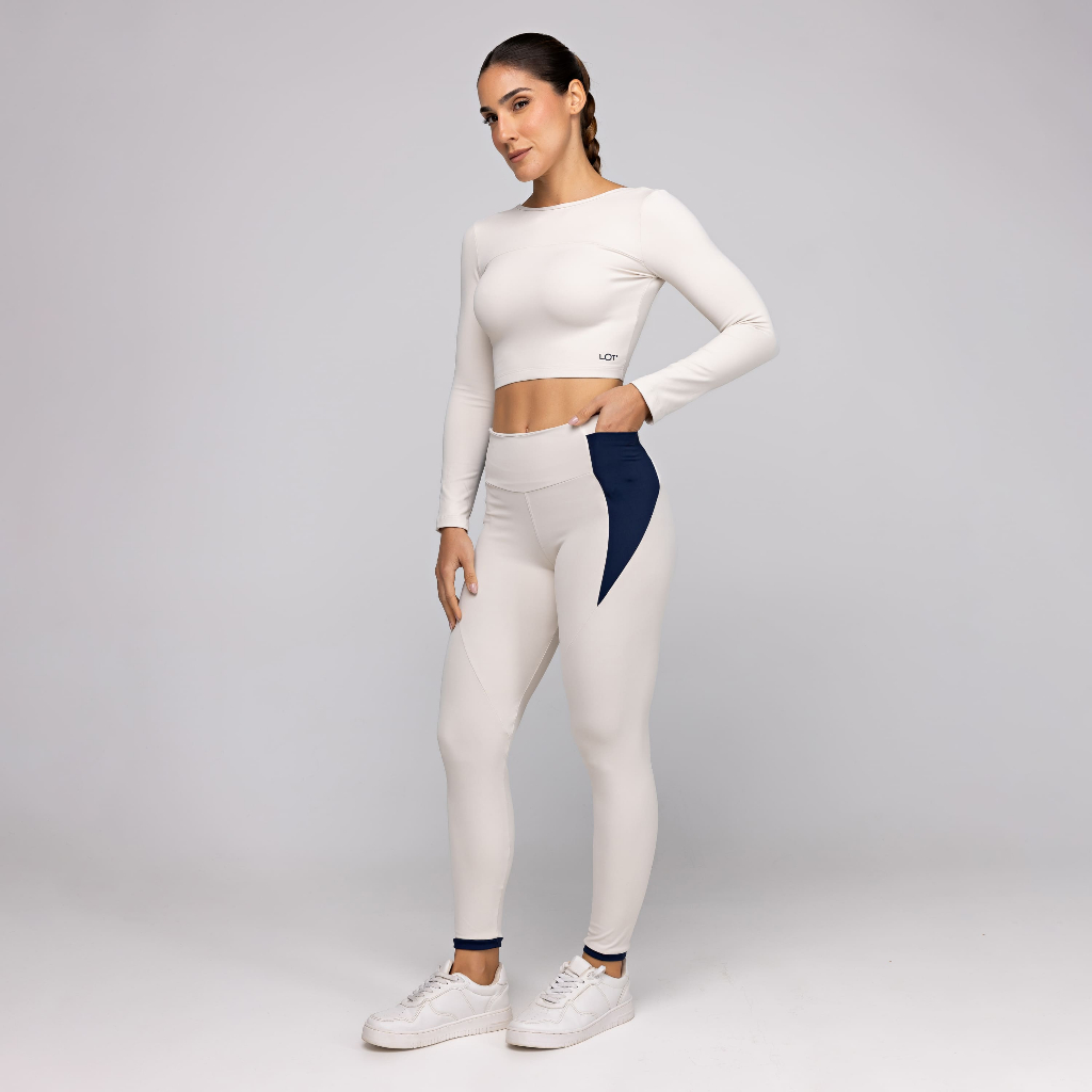Conjunto Fitness Feminino Academia Top Manga Comprida Costas Aberta e Calça Legging com Bolso Frame
