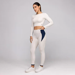 Conjunto Fitness Feminino Academia Top Manga Comprida Costas Aberta e Calça Legging com Bolso Frame