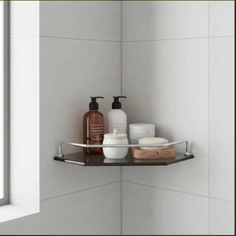 Prateleira Canto Chanfrada Vidro Fume 25x25 8mm Com Grade shampoo e condicionador Box Banheiro Luxo Compacta Elegante