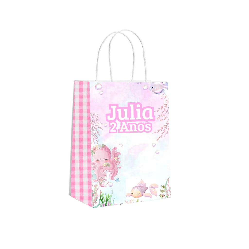 Sacolinha Surpresa - Fundo do mar Rosa - Qualquer tema - Sacola Lembrancinha - Personalizados Aniversario Festa