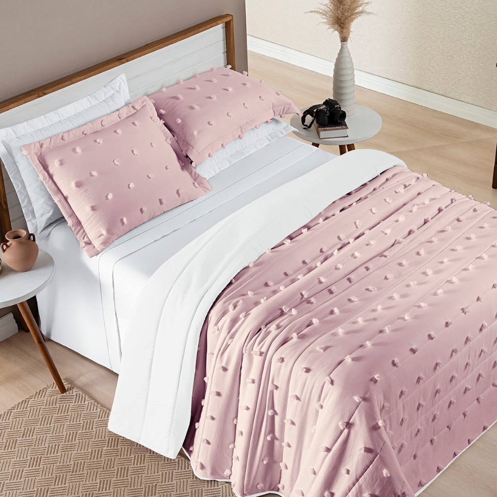 Cobre Leito Solteiro Casal Queen King Pompom 300 Fios Dupla Face 2 e 3 Peças