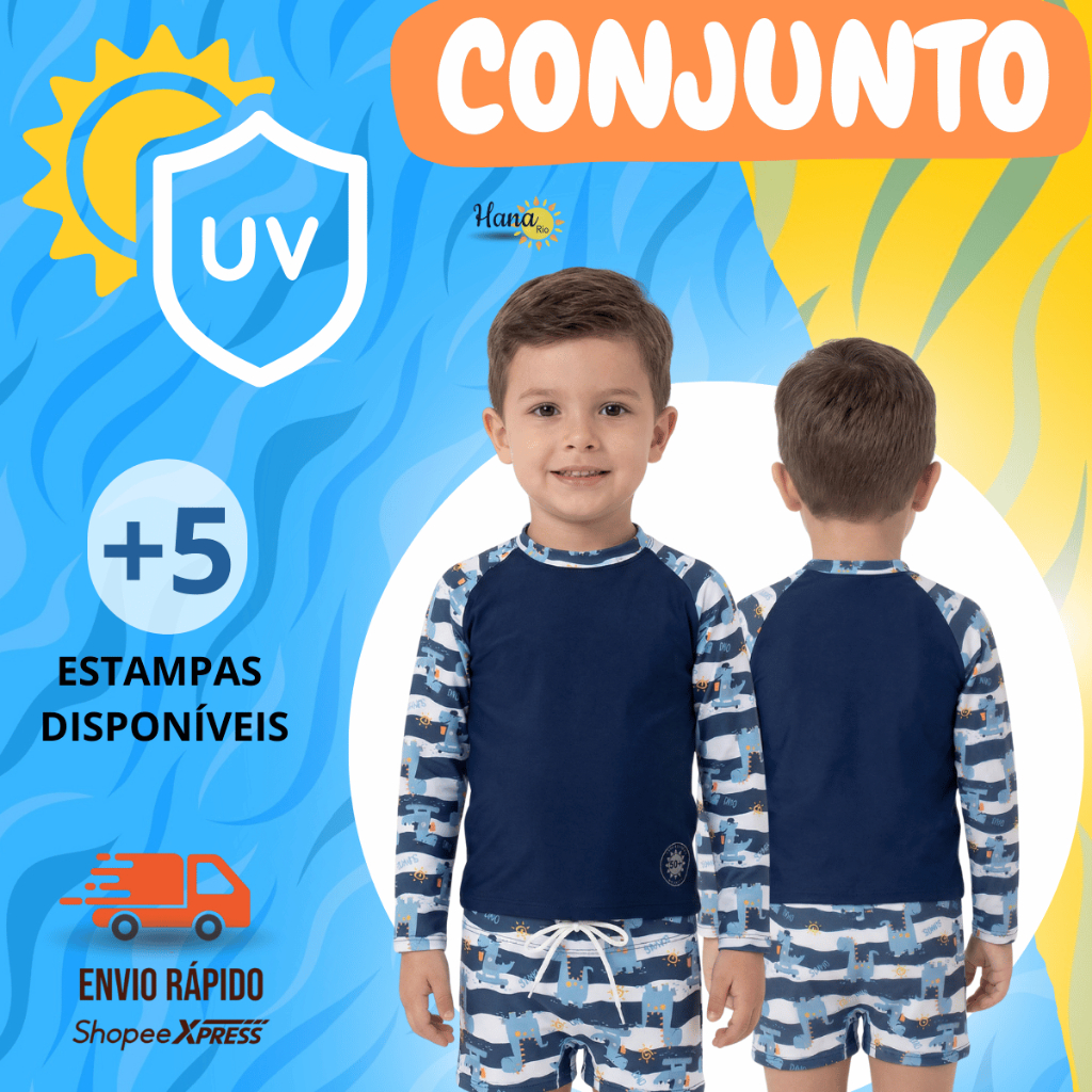CONJUNTO INFANTIL CAMISA + SUNGA BOXER PROTEÇÃO UV 50+ VESTE DE 1 AO 8 ANOS