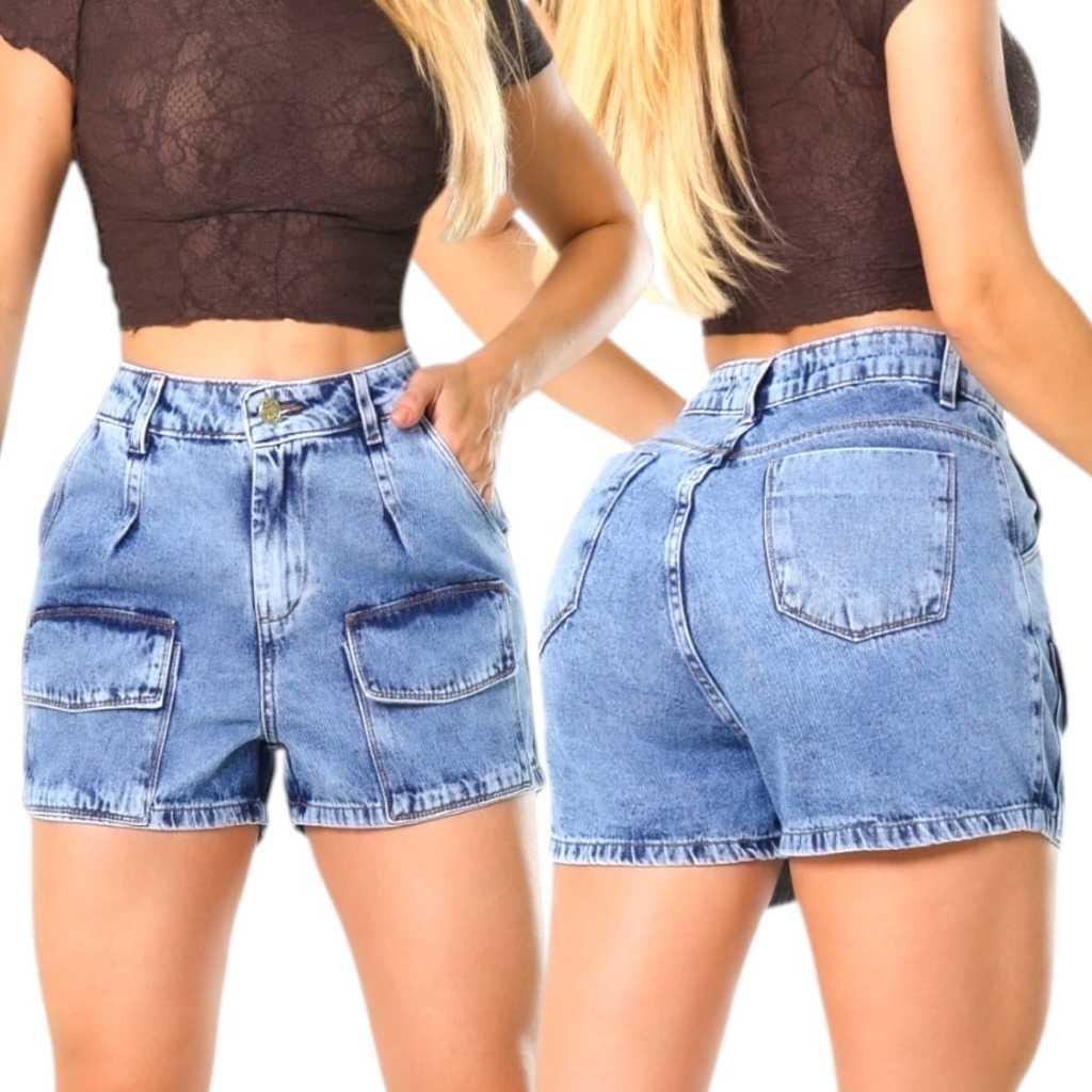 Bermuda Feminina Jeans Estilo Cargo Bolsos Frontais Casual