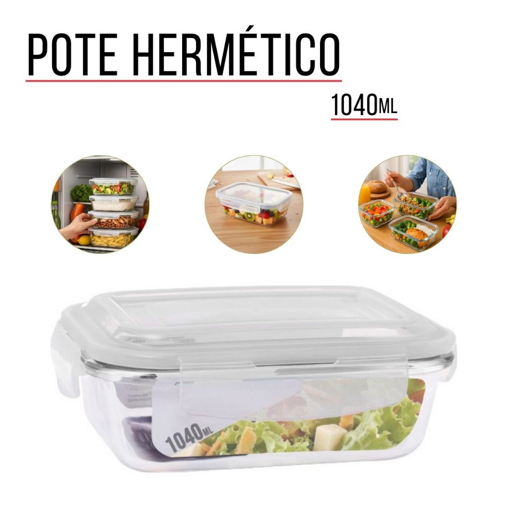 Pote Hermético Vidro Marmita 1040ml 4 Travas Ideal para Armazenar Conservar e Organizar