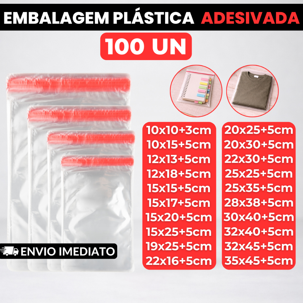 Kit 100un de Saco Plástico Com Aba Adesivada Transparente e Saída de Ar Inteligente