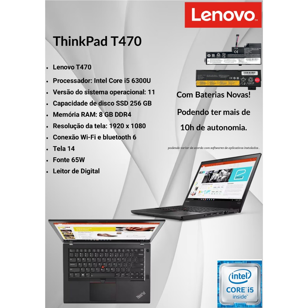 Notebook Lenovo T470 I5 8gb Ddr4 256gb Ssd 14(Baterias Novas)
