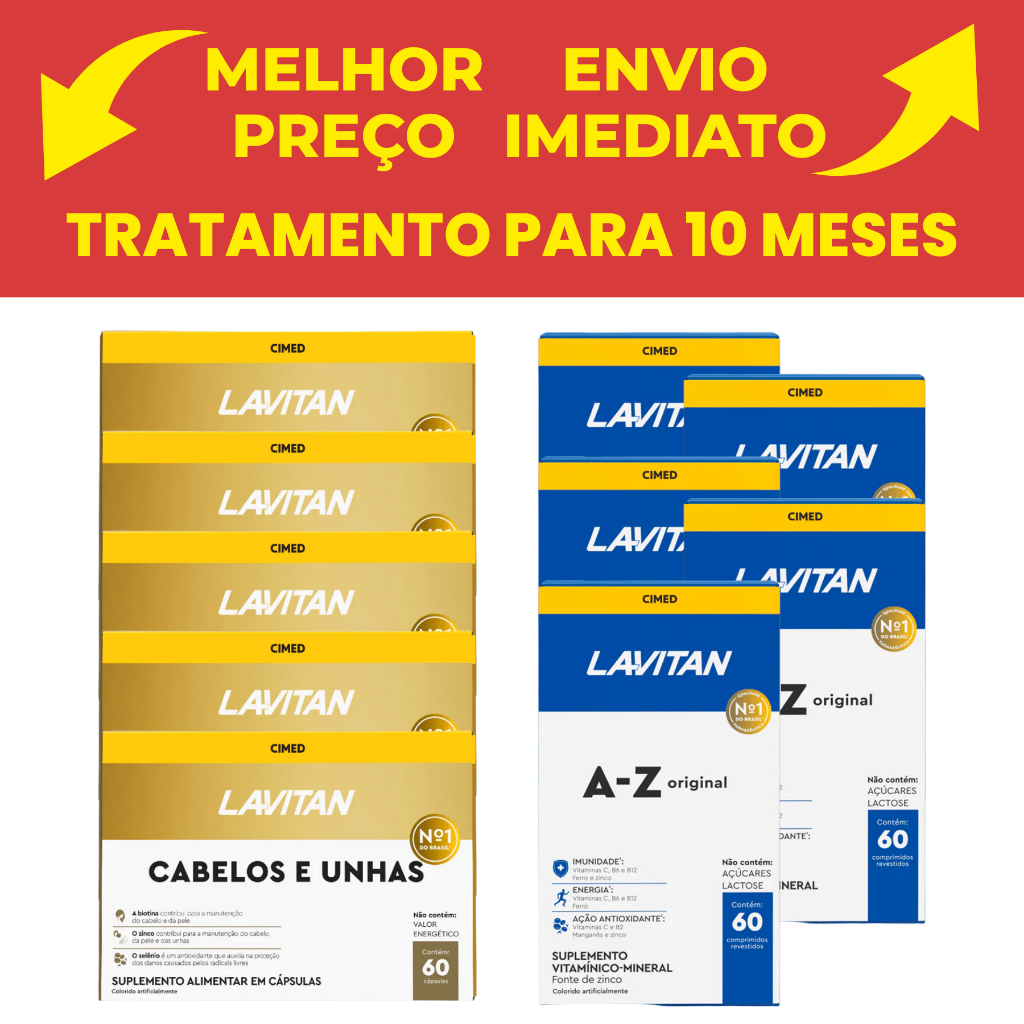 Kit 5 Unidades Lavitan Hair Cabelos e Unha com Biotina Cimed 60 Cápsulas + 5 Lavitan A-z C/60