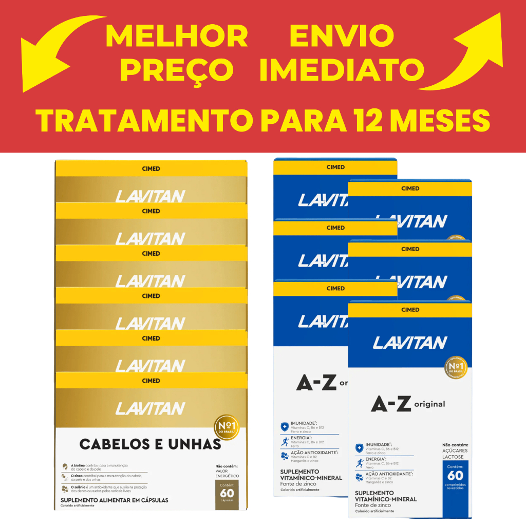 Kit C/ 6 Lavitan Hair Cabelos e Unha com Biotina 60 Cápsulas + 6 Lavitan A-z C/ 60 Cápsulas Cimed