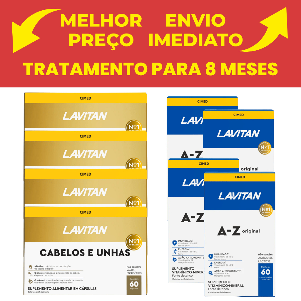 Kit C/ 4 Lavitan Hair Unhass e Cabela + Biotina com 60 Cáps + 4 Lavitan A-z C/60 Cimed Original