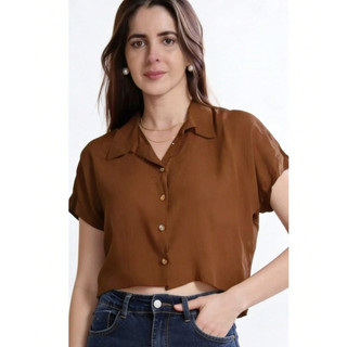 Camisa Cropped Feminina em Viscolinho com Botões Frontais