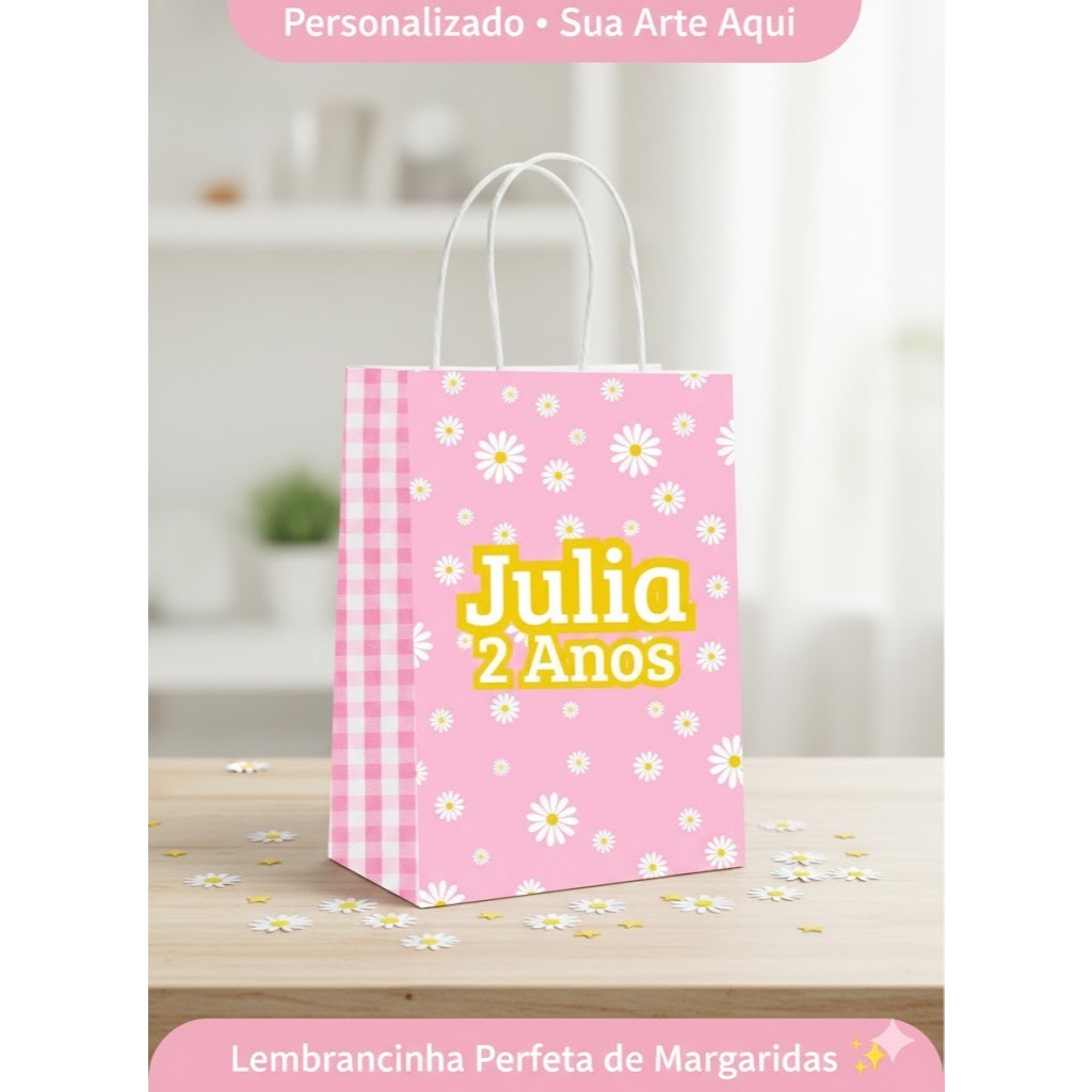 Sacolinha Surpresa - Margarida Rosa - Qualquer tema - Sacola Lembrancinha - Personalizados Aniversario Festa