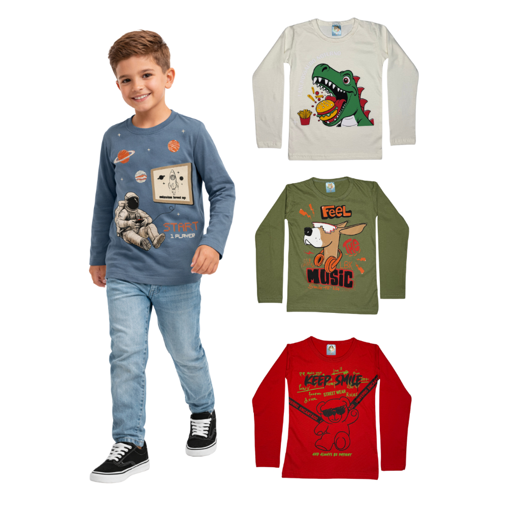 Kit 3 Camisas Sortidas Manga Longa Menino Versátil para o Dia a Dia TAM 1 ao 8