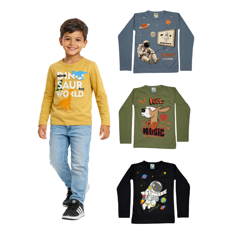 Kit 3 Camisas Infantil Manga Longa Menino Qualidade e Conforto Diário TAM 1 ao 8