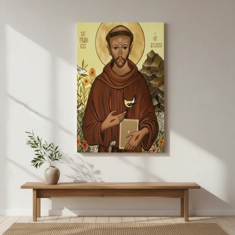 Quadro Arte Sacra Decorativo Religioso São Francisco Santo do Amor ao Próximo Tela Canvas 60x40