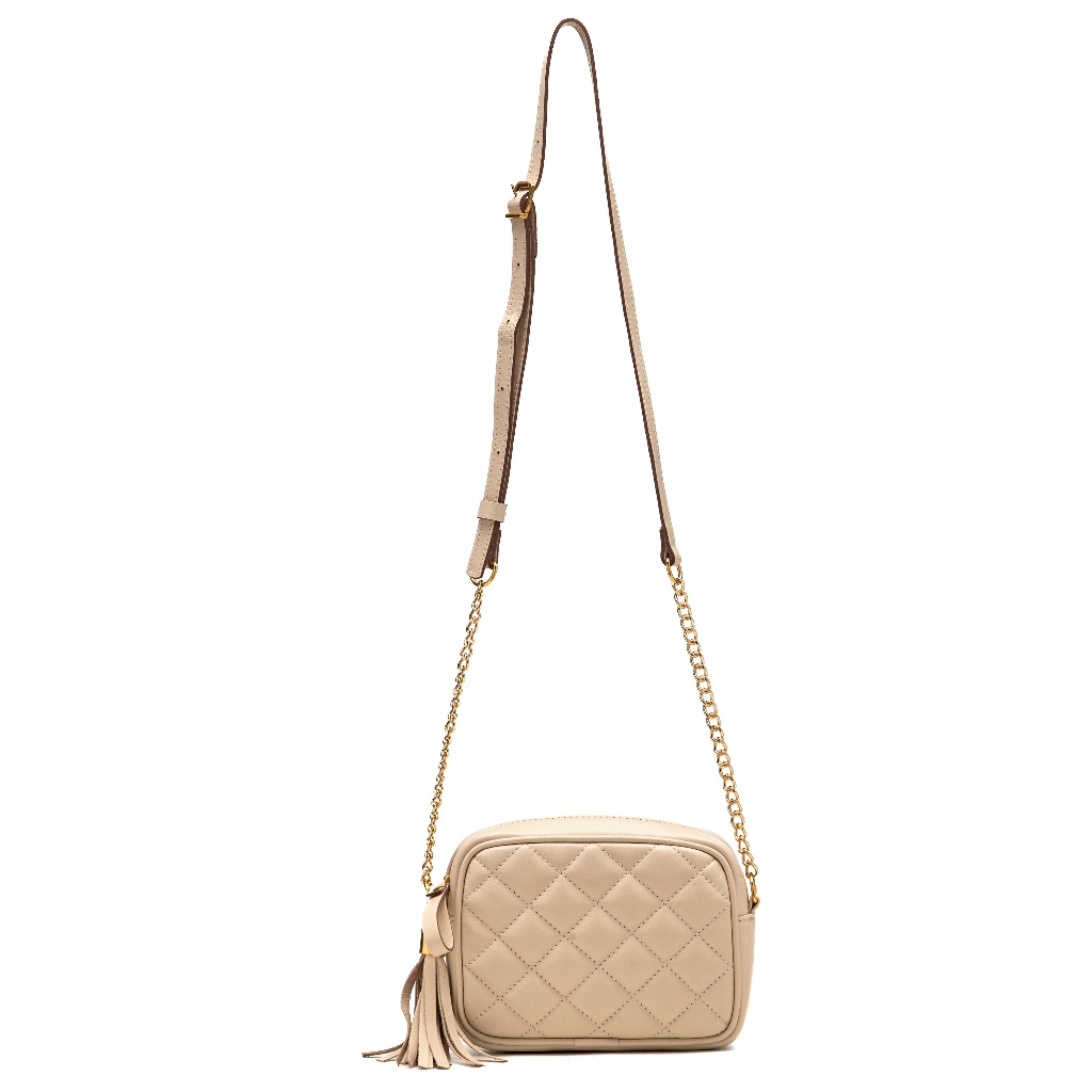 Bolsa Pequena Lya Couro Legítimo com Corrente e Matelassê Off White