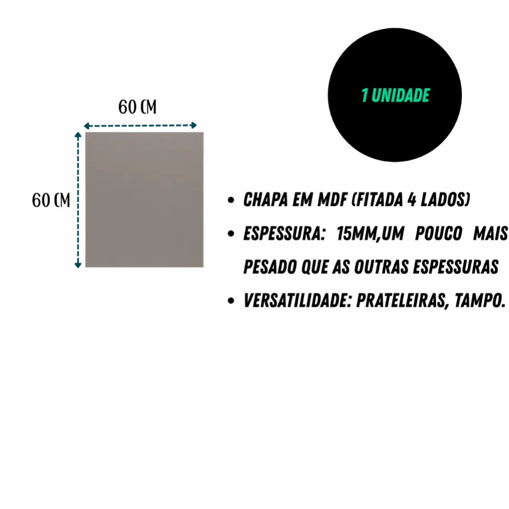 Chapa Gianduia 60 x 60 MDF 15mm com Bordas Fitadas Placa para Prateleira, Tampo de Mesa e Painel