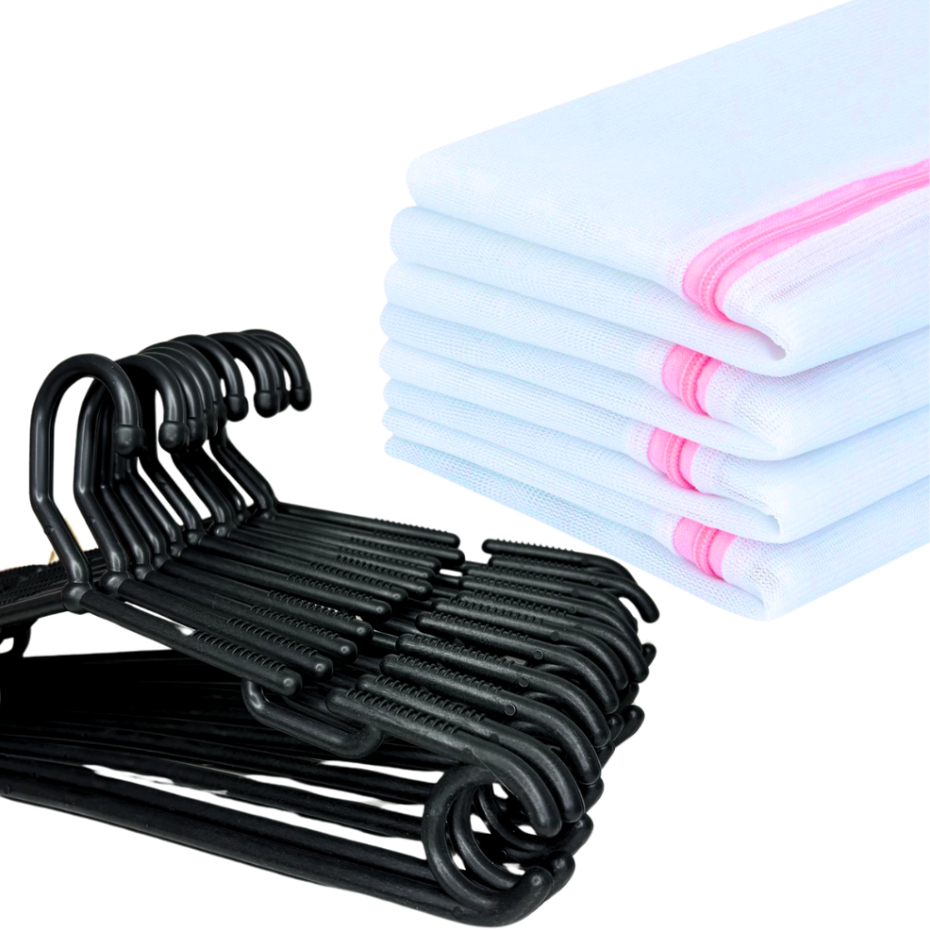 Kit Cabide Adulto Plastico Saco Roupa Lavar Máquina Saquinho Com Ziper 30X40 Varal Roupas Intimas