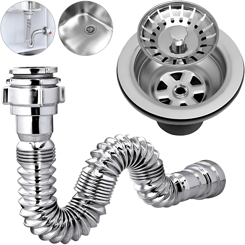 Kit de Válvula Americana Pia de Cozinha Inox 3. 1/2 com Sifão Cromado Universal Flexível Delflex
