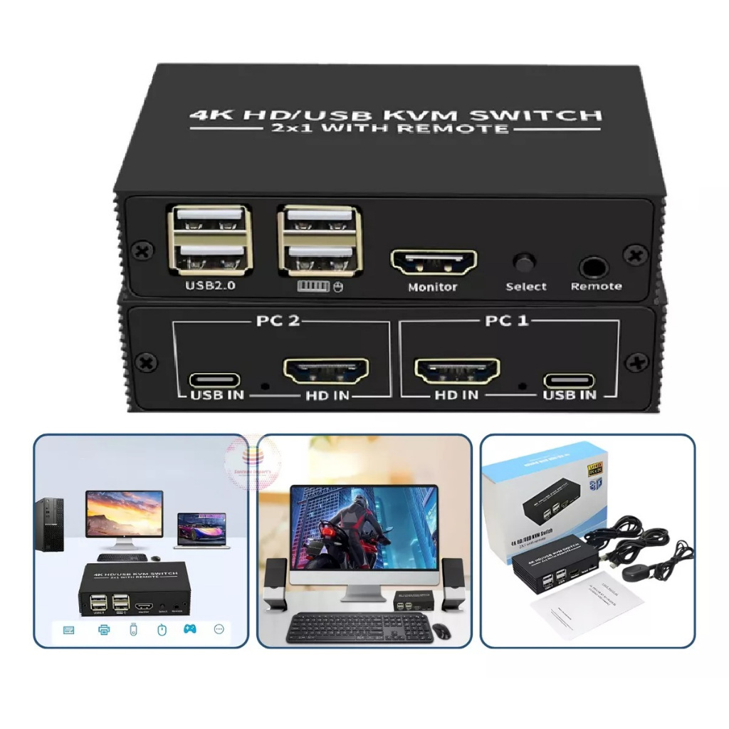 Chaveador Kvm Switch 2x1 Hub Hdmi Usb 2.0 Com Suporte 4K