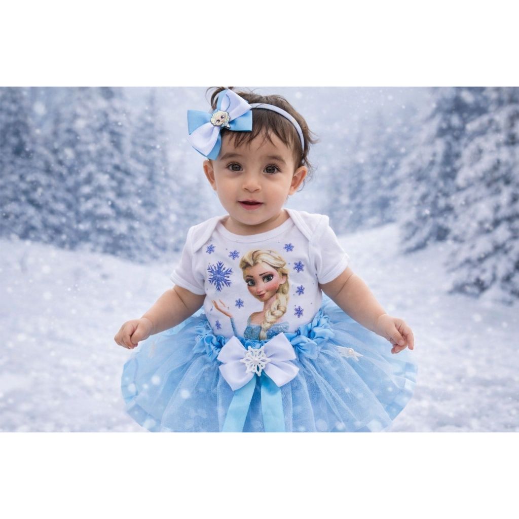Body De Bebe Mesversario Personagem Tematico + Saia + Laço -menina ELsa em Oferta na Shopee