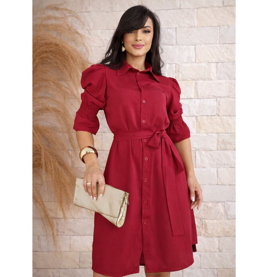 Vestido Chemise Feminino Elegante Manga Bufante Viscolinho com Cinto Casual Evangélica Confortável
