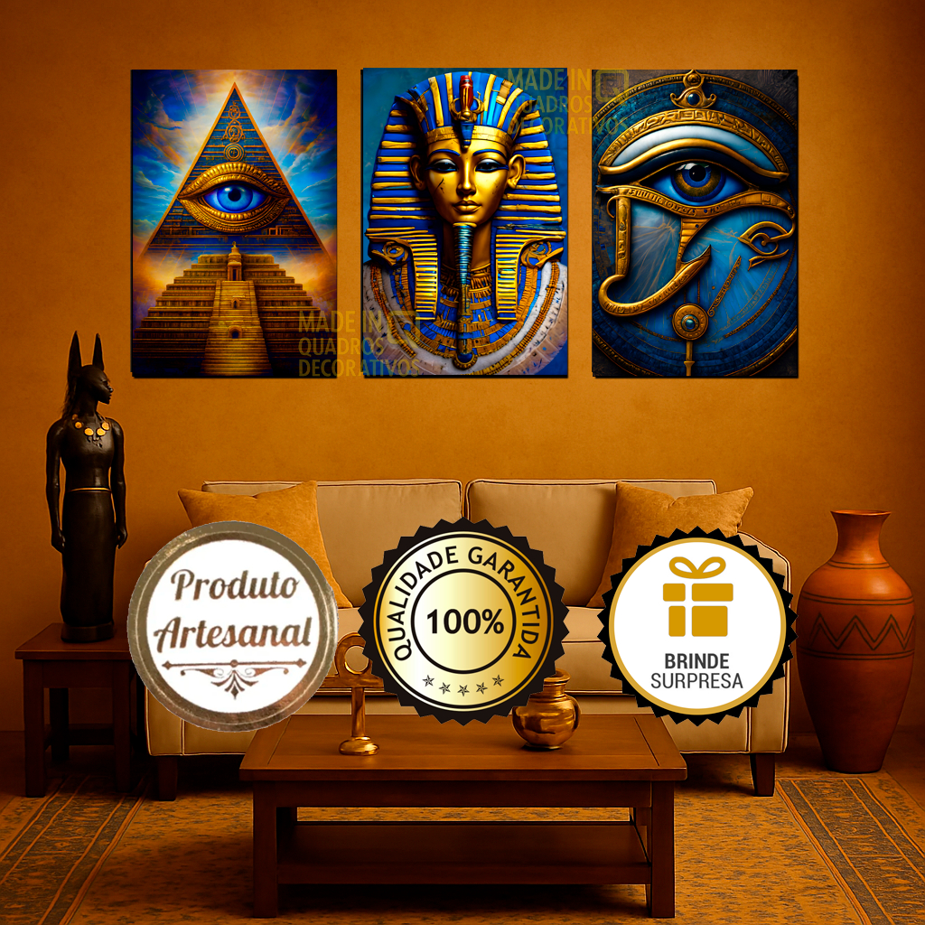 Quadro Decorativo Egípcio, Faraó, Decoração Antigo Egito, Tutankhamon, Pirâmide Olho de Hórus