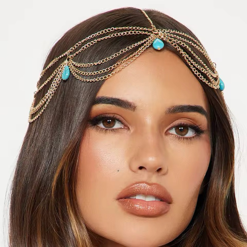 Headband Corrente Turquesa Feminina Dourada Dança do Ventre Indiana Boho Acessório Cabelo Festa