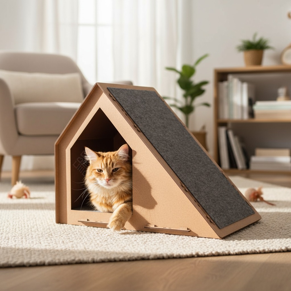 Casa Para Gato Com Rampa Arranhador MDF Carpete Conforto, Diversão E Cores Preta Cru Marrom Caramelo