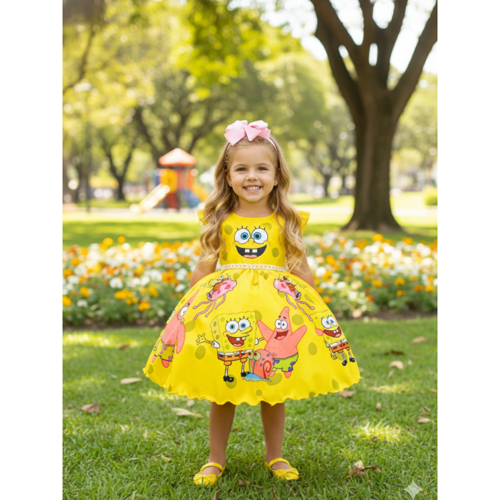 Vestido Infantil Amarelo Bob Esponja Tema Festa 4 a 12 Anos Look Divertido em Oferta na Shopee