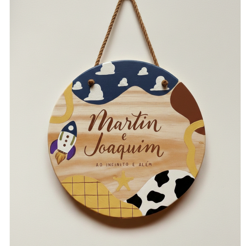 Placa Decorativa Redonda Acompanha Cordão - Personalizada Com Nome Porta Maternidade TEMA Irmãos toystory MDF