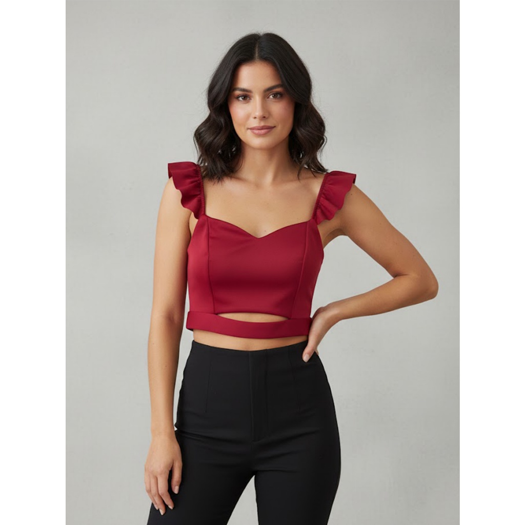 Blusa cropped de alcinha  elegante com babados com Elasticidade
