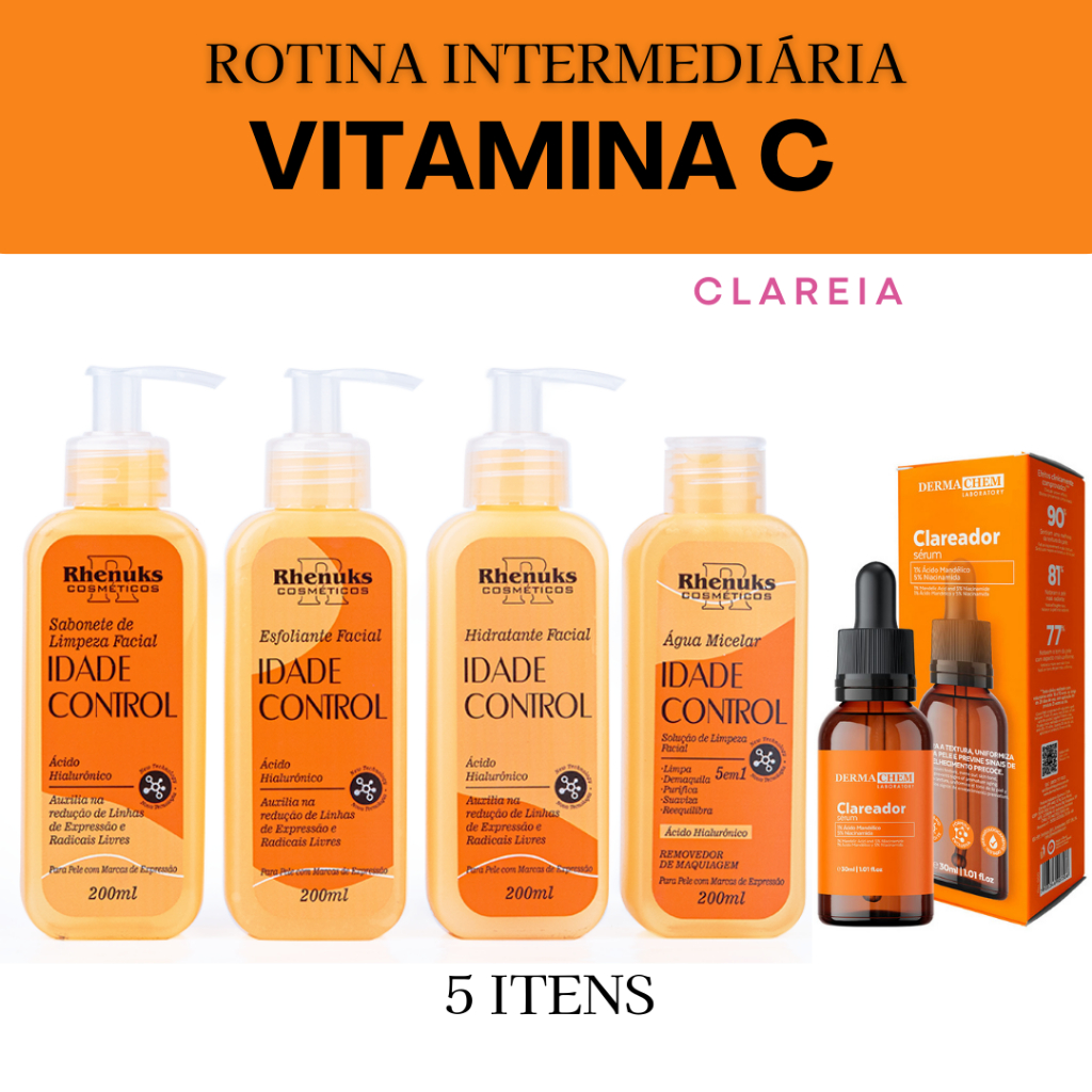 Kit Skincare Anti Idade Vitamina C CLAREADOR MANCHAS Rhenuks+ Sérum Clareador Dermachem - 5 ITENS