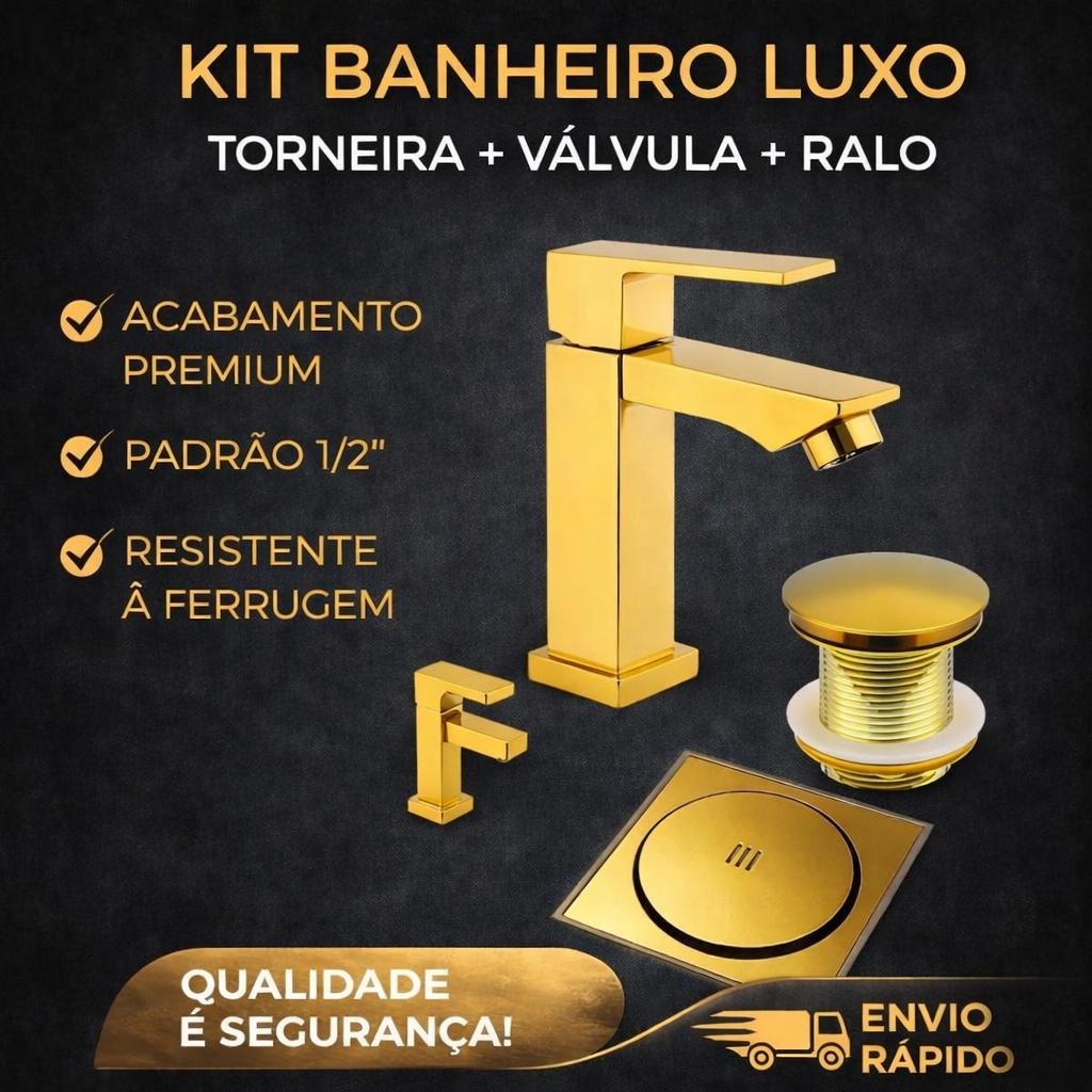 KIT BANHEIRO LUXO DOURADO/PRATA/PRETO–TORNEIRA + VÁLVULA CLICK + RALO em Oferta na Shopee