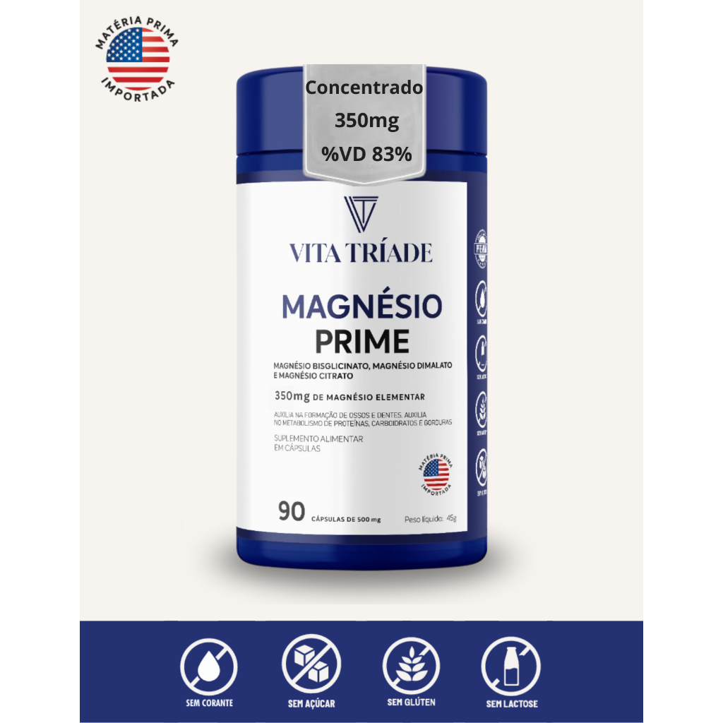 Magnésio 350mg 3 em 1 Concentrado Bisglicinato, Dimalato, Citrato 90 - 270 Cáps %VD 83% Vita Tríade