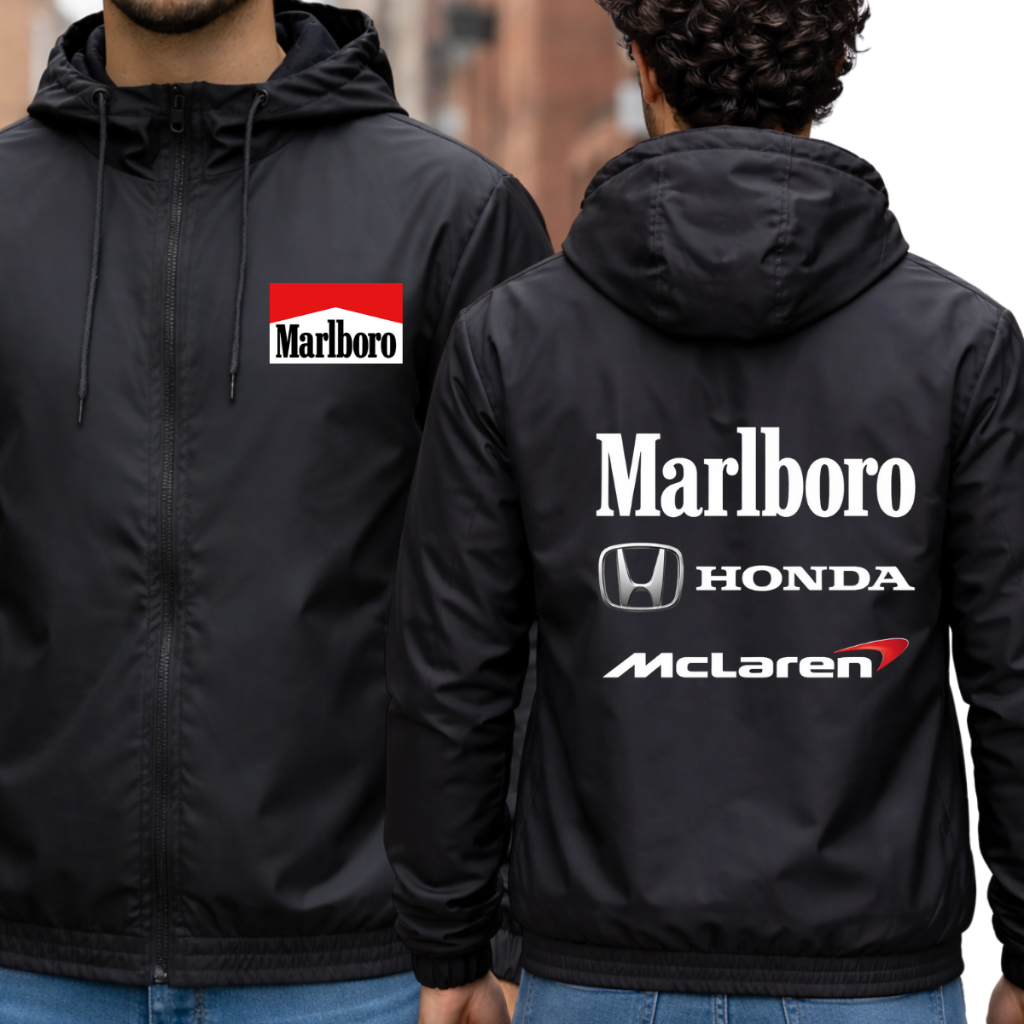 Corta Vento Masculino Impermeável Leve com Capuz Tecido Premium Bolso Interno F-1 Marlboro Maclaren