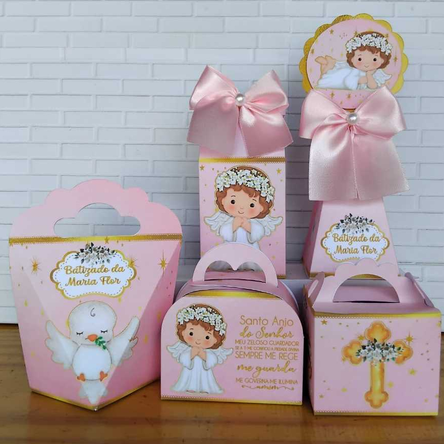Kit Festa Infantil Personalizado Caixinhas Lembrancinhas BATIZADO ANJINHA ROSA - PEGUE E MONTE
