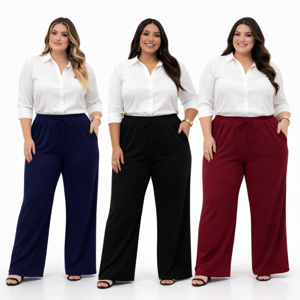Calça Pantalona Feminina Plus Size Canelada Com Elastico na Cintura Curvy + em Oferta na Shopee